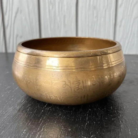Brass Buddha Singing Bowl with Engraved Sanskrit Mantras 5x2 10oz
